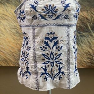 INC International Concepts White and Navy Embroidered Top